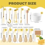 A full Mlurcu gold charcuterie utensil set, featuring various cheese knives, mini tongs, spoons, forks, and ceramic dipping b