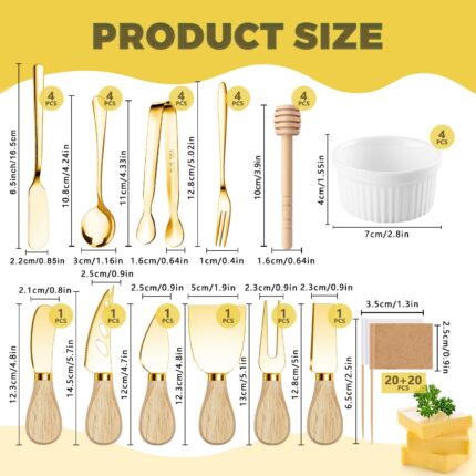 A full Mlurcu gold charcuterie utensil set, featuring various cheese knives, mini tongs, spoons, forks, and ceramic dipping b