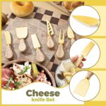 A full Mlurcu gold charcuterie utensil set, featuring various cheese knives, mini tongs, spoons, forks, and ceramic dipping b