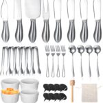 A complete 38-piece Raiten silver charcuterie board utensil set, including various cheese knives, small serving bowls, tongs,