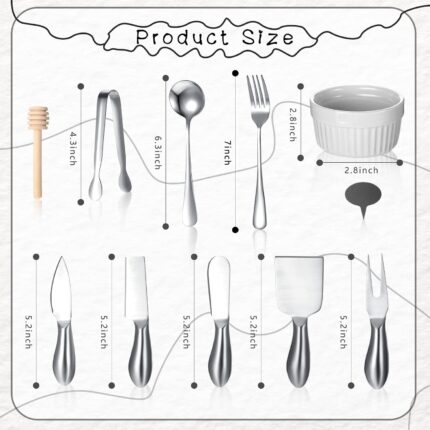 A complete 38-piece Raiten silver charcuterie board utensil set, including various cheese knives, small serving bowls, tongs,