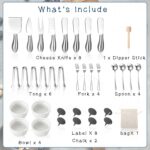 A complete 38-piece Raiten silver charcuterie board utensil set, including various cheese knives, small serving bowls, tongs,