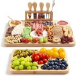 ROCIRLAB Bamboo Charcuterie Board with integrated magnetic knife block and ceramic bowls, filled with cheese and fruit.