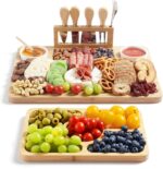 ROCIRLAB Bamboo Charcuterie Board with integrated magnetic knife block and ceramic bowls, filled with cheese and fruit.