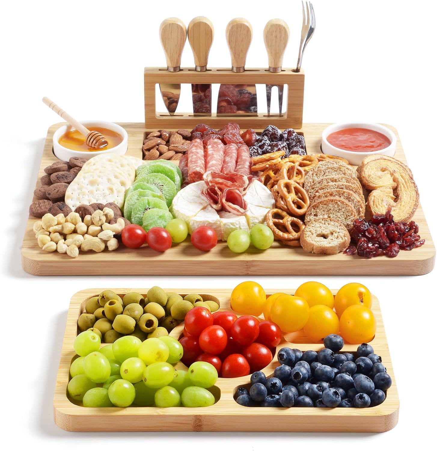 rocirlab-bamboo-charcuterie-board-knife-set-23x11x0-8-2-piece-01 ROCIRLAB Bamboo Charcuterie Board with integrated magnetic knife block and ceramic bowls, filled with cheese and fruit.