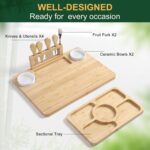 ROCIRLAB Bamboo Charcuterie Board with integrated magnetic knife block and ceramic bowls, filled with cheese and fruit.