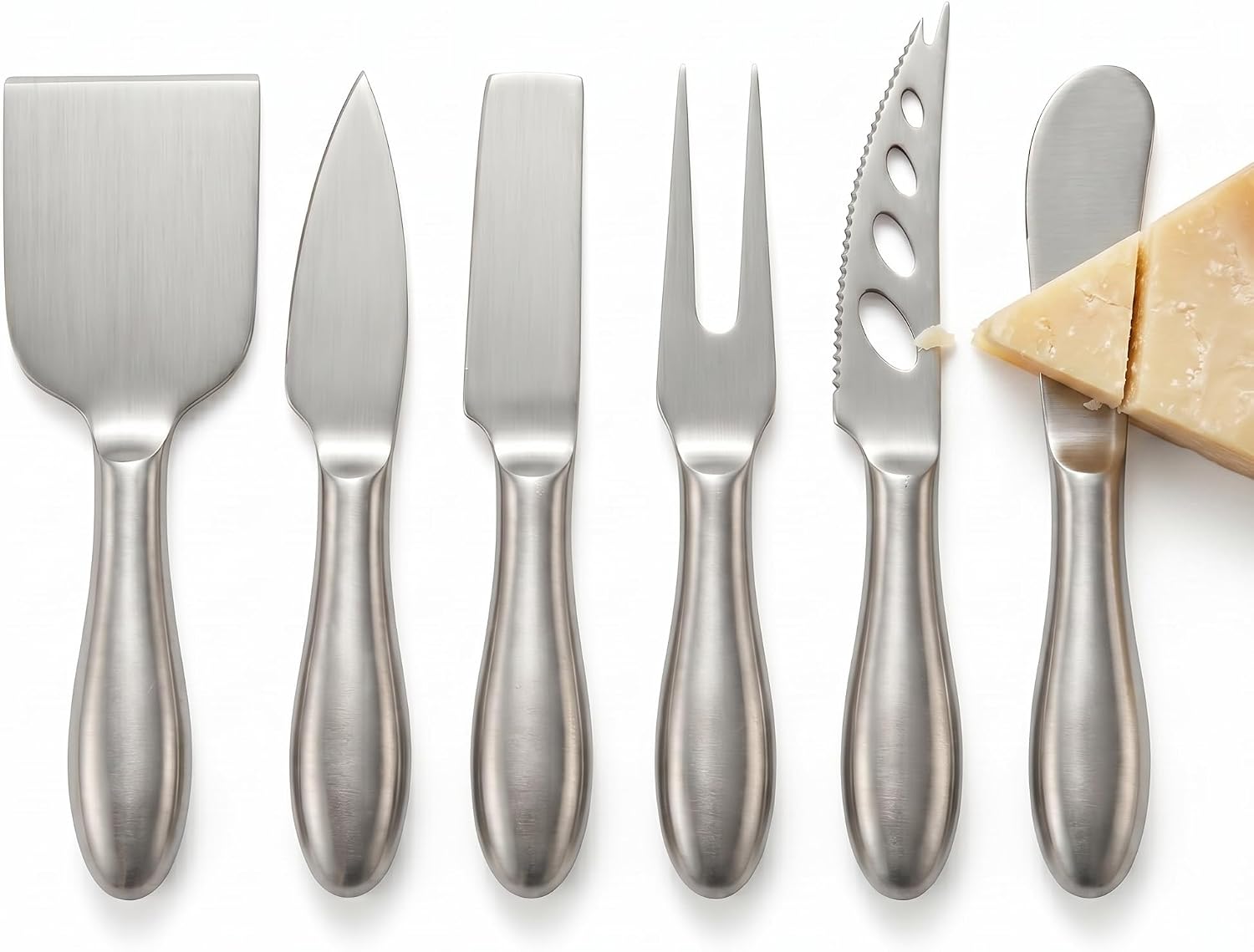 rwixr-6-piece-stainless-steel-cheese-knife-set-for-charcuterie-boards-01 A silver 6-piece RWIXR cheese knife set neatly arranged, featuring various knives, spreaders, and a fork.