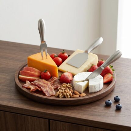 A silver 6-piece RWIXR cheese knife set neatly arranged, featuring various knives, spreaders, and a fork.