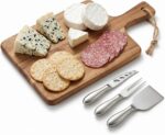 A silver 6-piece RWIXR cheese knife set neatly arranged, featuring various knives, spreaders, and a fork.