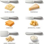 A silver 6-piece RWIXR cheese knife set neatly arranged, featuring various knives, spreaders, and a fork.