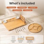 SMIRLY large bamboo charcuterie board set with cheese knives, ceramic bowls, and fruit tray, beautifully arranged with food.