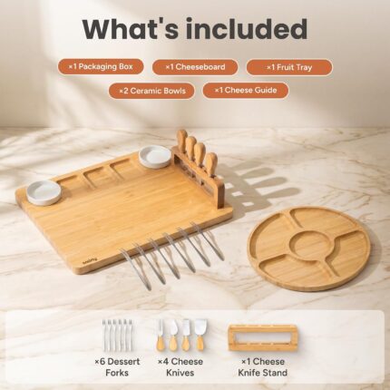 SMIRLY large bamboo charcuterie board set with cheese knives, ceramic bowls, and fruit tray, beautifully arranged with food.