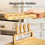 SMIRLY large bamboo charcuterie board set with cheese knives, ceramic bowls, and fruit tray, beautifully arranged with food.