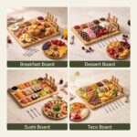 SMIRLY large bamboo charcuterie board set with cheese knives, ceramic bowls, and fruit tray, beautifully arranged with food.