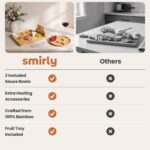 SMIRLY large bamboo charcuterie board set with cheese knives, ceramic bowls, and fruit tray, beautifully arranged with food.