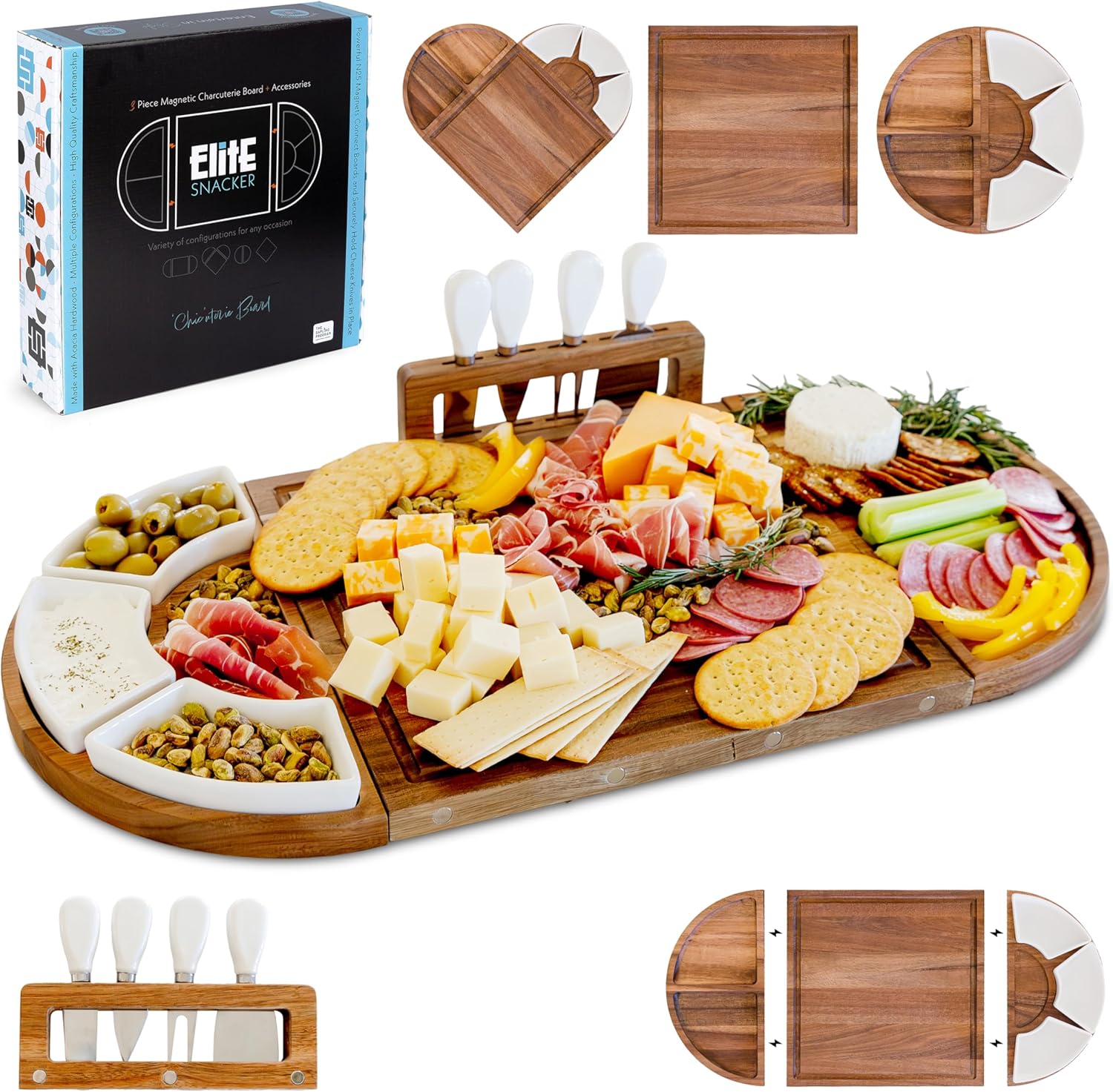 the-elite-snacker-large-acacia-wood-charcuterie-board-set-3-piece-magnetic-design-4-knives-3-dishes-01 A large, brown acacia wood charcuterie board set with cheese knives and ceramic dishes, displaying a spread of snacks.