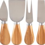 A four-piece Totally Bamboo cheese tool set with brown bamboo handles and silver stainless steel blades, arranged on a surfac