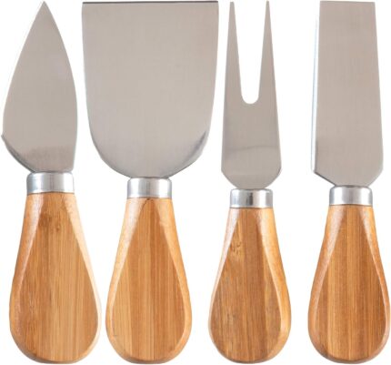 A four-piece Totally Bamboo cheese tool set with brown bamboo handles and silver stainless steel blades, arranged on a surfac