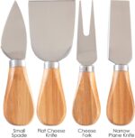 A four-piece Totally Bamboo cheese tool set with brown bamboo handles and silver stainless steel blades, arranged on a surfac