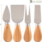A four-piece Totally Bamboo cheese tool set with brown bamboo handles and silver stainless steel blades, arranged on a surfac