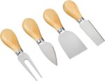 A set of four silver stainless steel cheese knives with wooden handles, arranged on a charcuterie board.