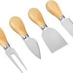 A set of four silver stainless steel cheese knives with wooden handles, arranged on a charcuterie board.