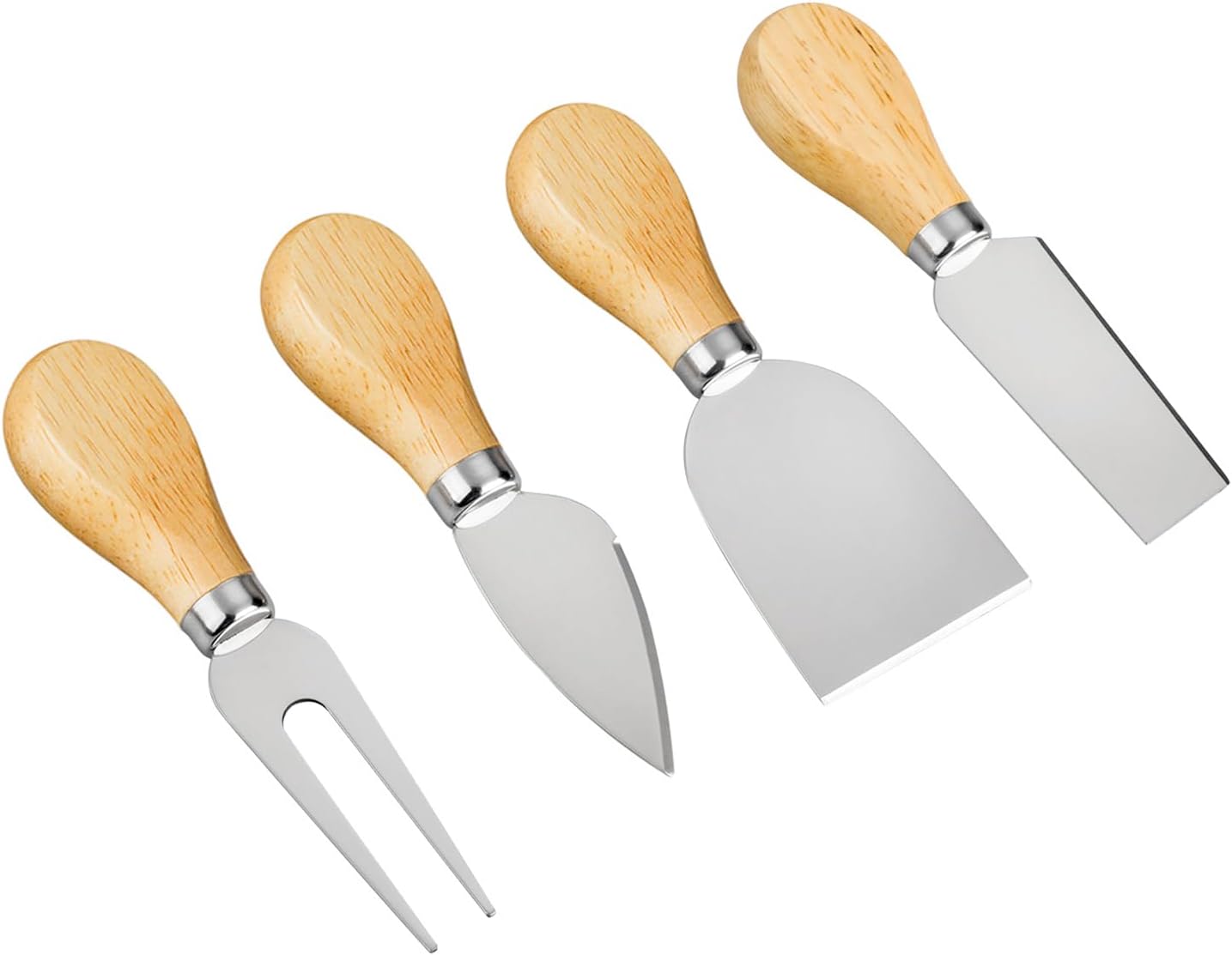 yxchome-4-piece-stainless-steel-wood-cheese-knife-set-for-charcuterie-01 A set of four silver stainless steel cheese knives with wooden handles, arranged on a charcuterie board.