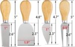 A set of four silver stainless steel cheese knives with wooden handles, arranged on a charcuterie board.