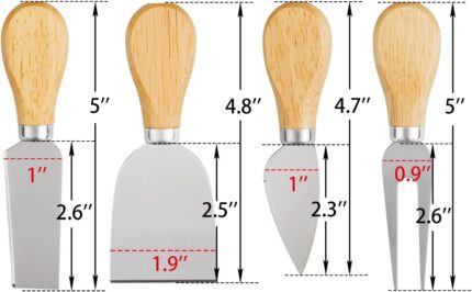 A set of four silver stainless steel cheese knives with wooden handles, arranged on a charcuterie board.